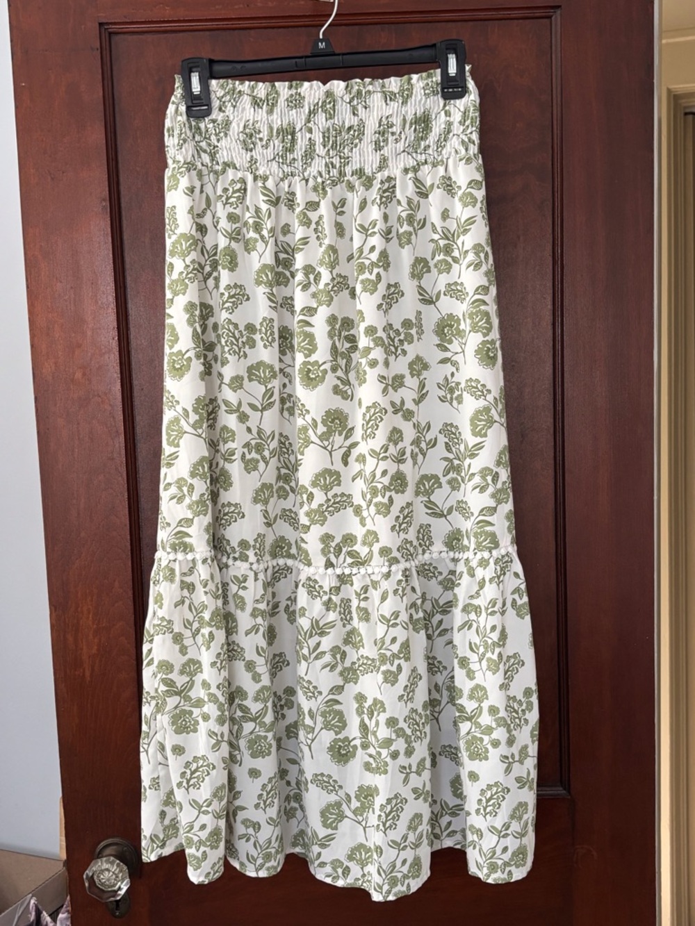 Smocked Waist Green Floral Tiered Maxi Skirt - Unbranded